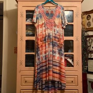 One World Hi-Lo Midi/Maxi Tie Dye Dress w/ Soutache Embellished Neckline